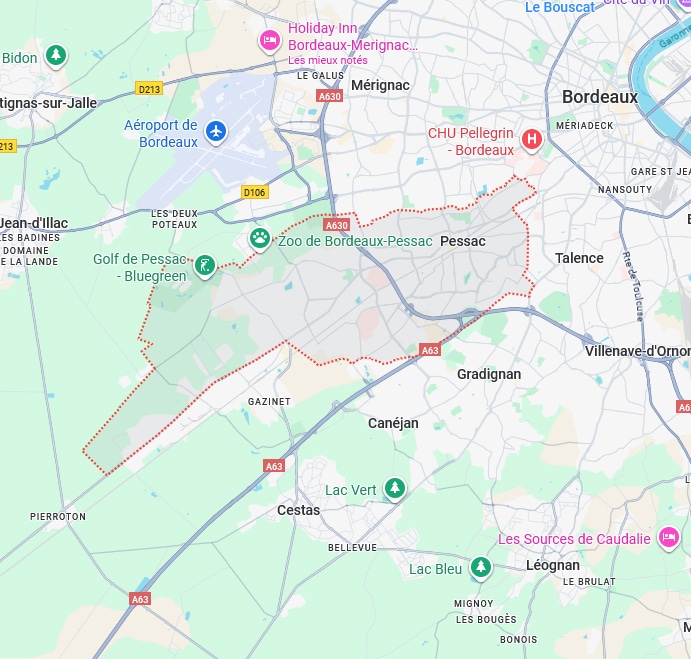 Carte routière centrée sur Pessac, Bordeaux. Montre A630, Aéroport de Bordeaux, Zoo de Bordeaux-Pessac, Gradignan et Talence.