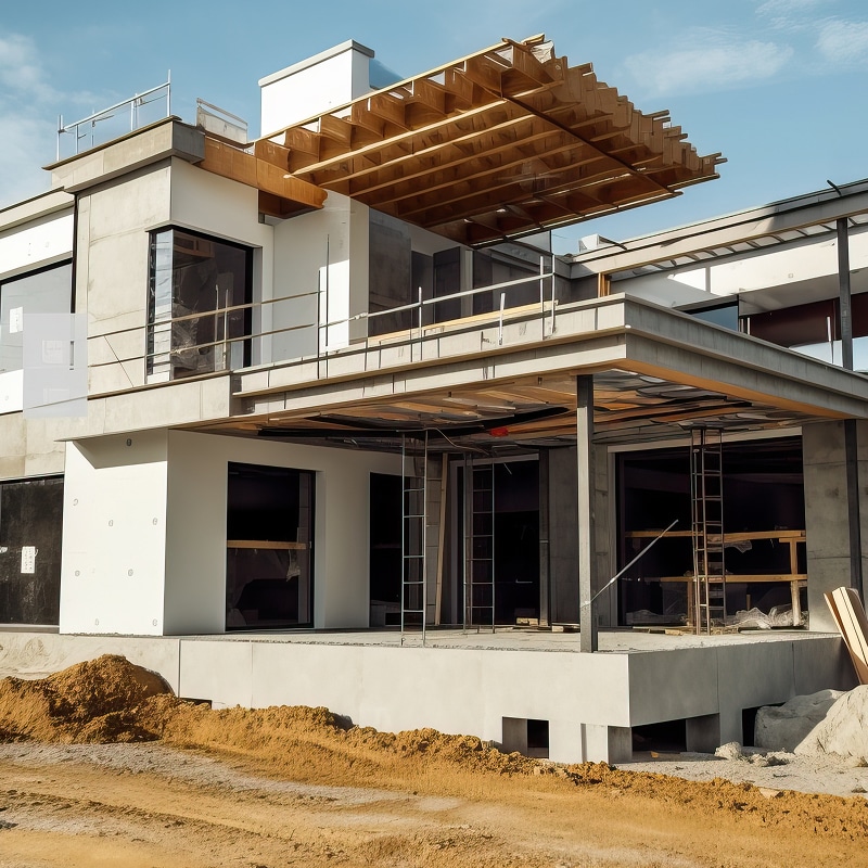 Maison moderne en construction avec structure béton, grandes fenêtres sombres, auvent en bois et terre meuble au premier plan.