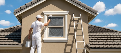 Peintre en combinaison blanche repeint la façade beige d'une maison avec un rouleau, une échelle et un seau de peinture.