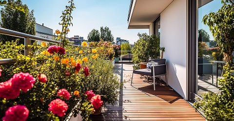 Balcon/terrasse ensoleillé aménagé avec jardinières débordantes de fleurs rouges et jaunes vives, sol en bois et mobilier moderne.